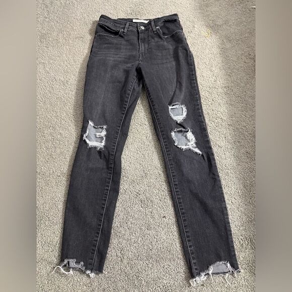 Levi 721 High Rise Skinny Jeans Black Frey Bottom Distressed Women's Size 8 - Picture 1 of 15